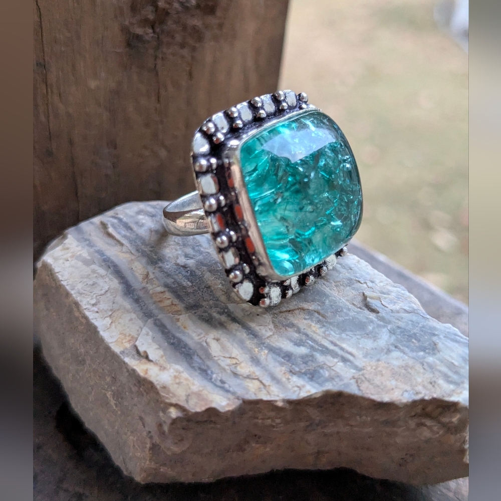 Handcrafted Aquamarine Snake Skin Quartz Square Ring (7.5)